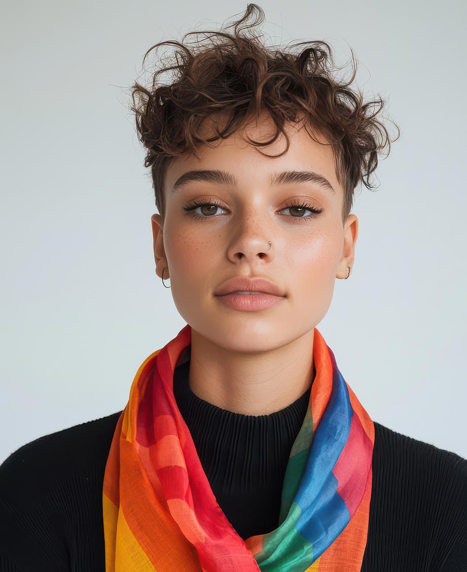 young woman short curly hair