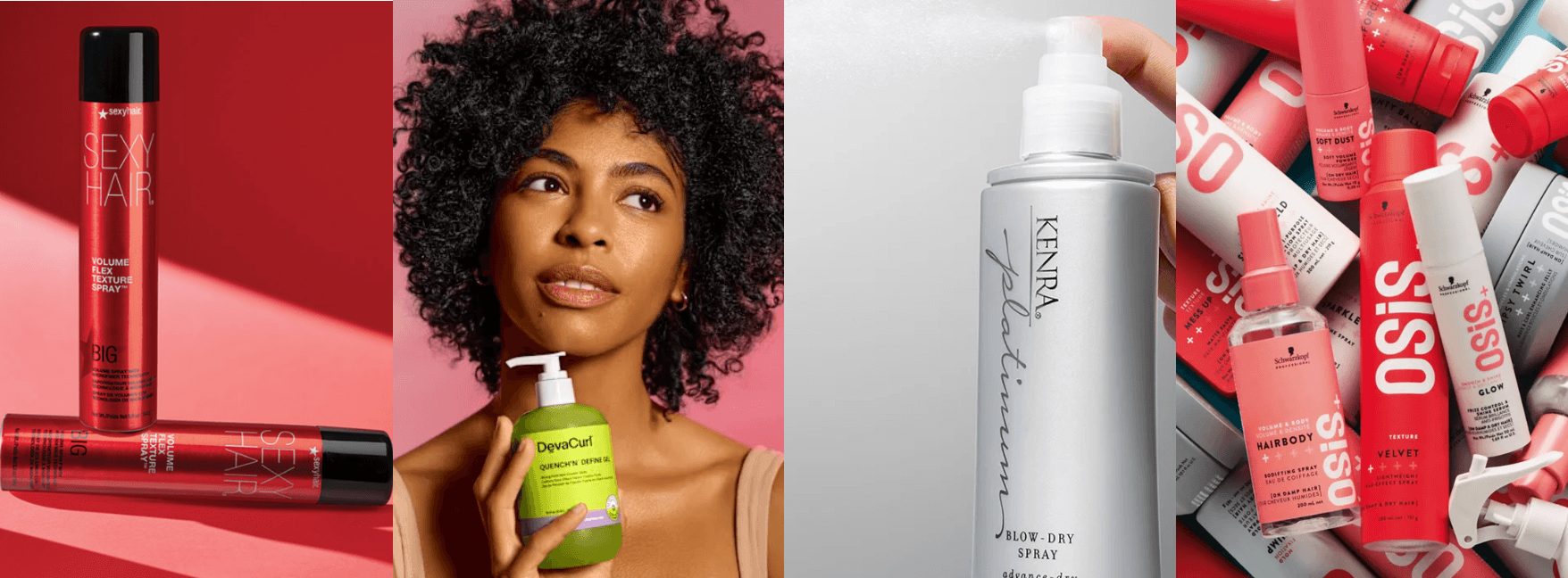 Studio SALONORY Homepage Hero Banner with SexyHair Volume Flex Spray, DevaCurl model holding quench n define, Kenra Platinum Spray, and OSiS products